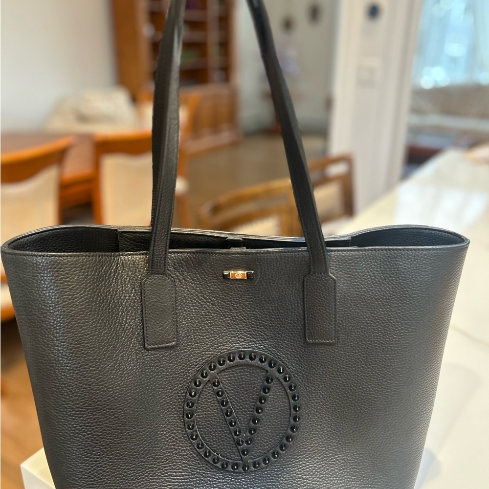 Valentino Black Pebbled Leather Stud-Logo Shoulder Tote